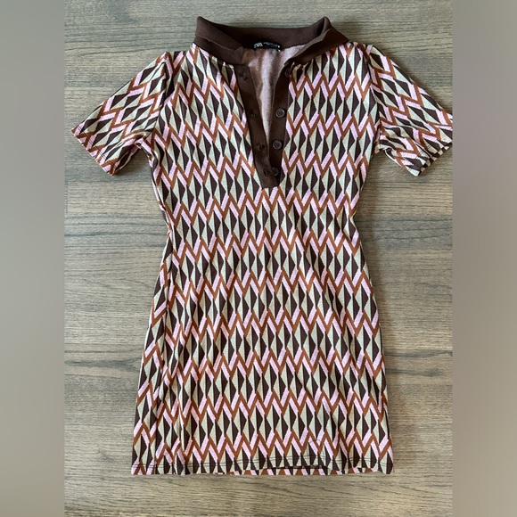 Zara Patterned Jacquard Brown Argyle Knit Polo Mini Dress-Size Medium-Pink/Brown - Picture 2 of 7